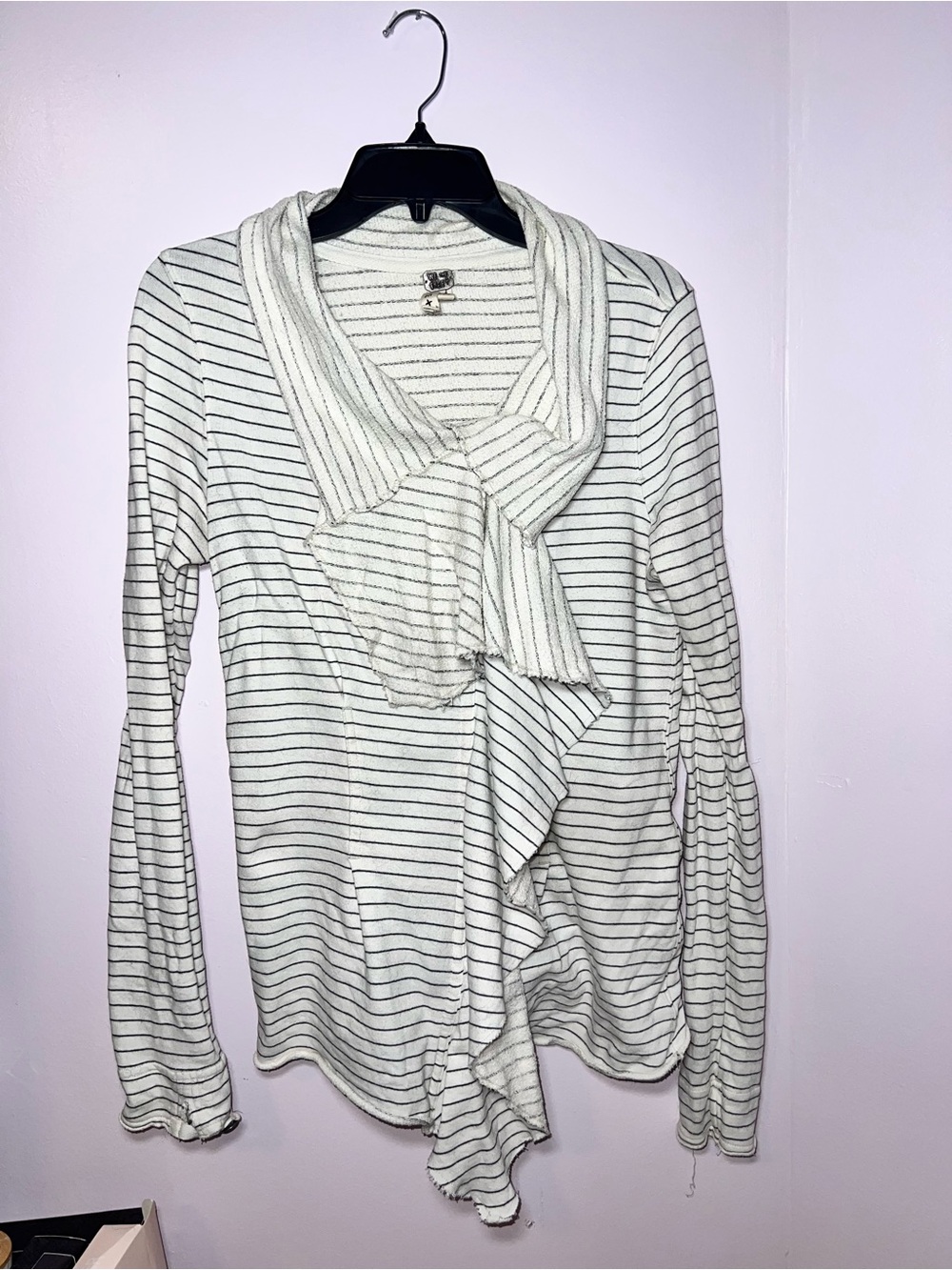 We The Free White and Black Striped Ruffle Front Top